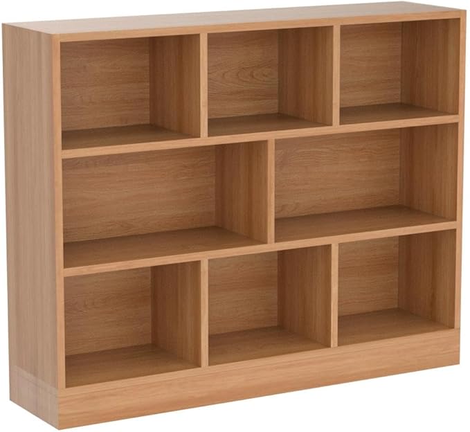 IOTXY Open Shelf Low Bookcase - Wooden 3-Tier Floor Standing Display Cabinet Organizer with Base, 8 Cubes Short Horizontal Bookshelf in Pear Yellow