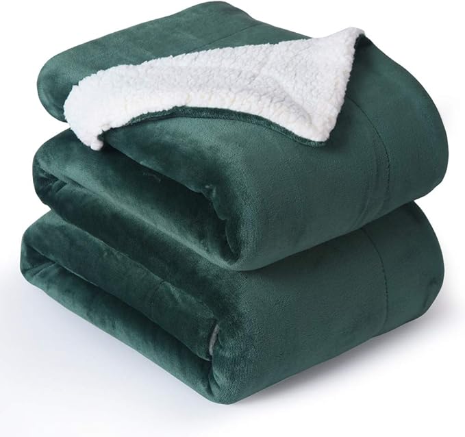 NANPIPER Bed Blanket Reversible Sherpa Flannel Blanket Super Soft Fuzzy Plush Fleece Microfiber (90"x90" Olive Green) Queen