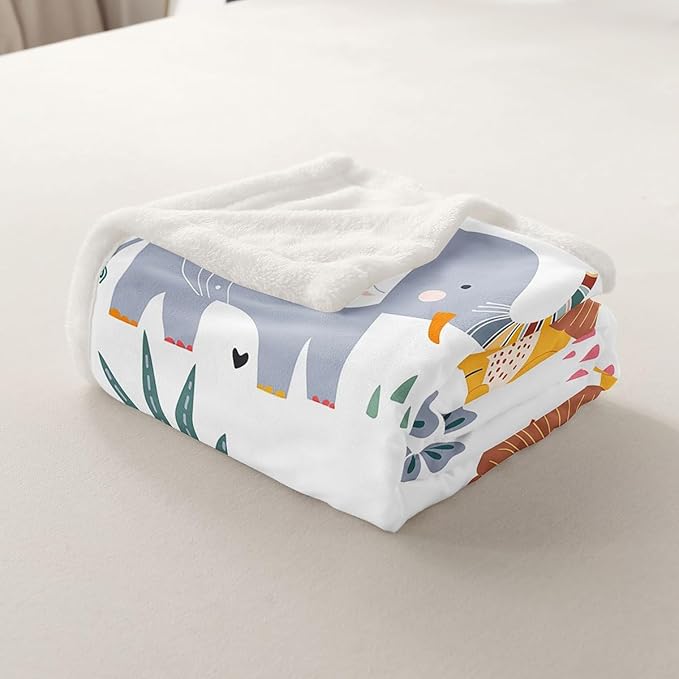 Kids Zoo Animal Sherpa Blanket Cute Wild Animals Fleece Throw Blanket Cartoon Safari Wild Print Plush Blanket for Boys Girls Children Teens Bedroom Decor Exotic Natural Fuzzy Blanket 40x50 Inch