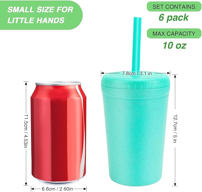 10 oz Wheat Straw Cups with Lids and Silicone Straws, Unbreakable Drinking Glasses, Plastic Cups for Kitchen, Small Tumbler Cups with Cleaning Brush, BPA Free, Dishwasher & Microwave Safe, 6 Pack