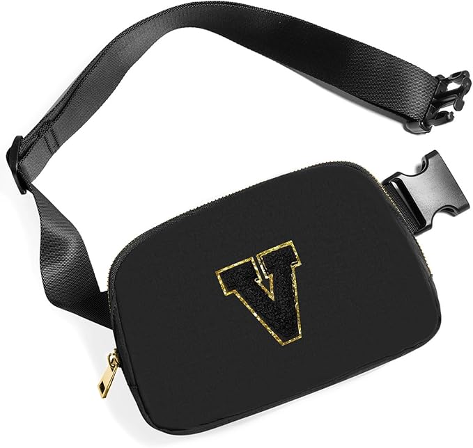 Gitus Belt Bag Fanny Pack Crossbody Bags with Initial Letter Patch Gifts for Wife Older Women Mother Coworker Bridesmaid Anniversary Travel Gifts Beach Gifts (Black-V)
