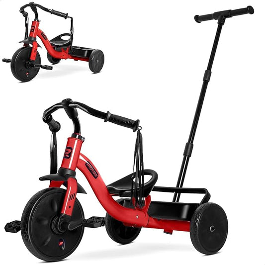 2-in-1 Tricycle for Toddlers Ages 1.5–3, Trike with Extended Push Handle, Removable Wagon-Style Basket, Adjustable Handlebar with Tassels, and Fore-AFT Adjustable Seat, Red