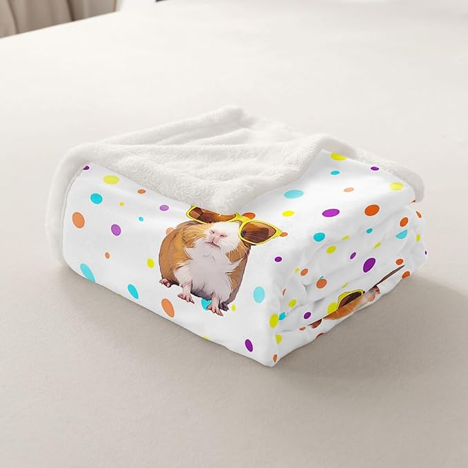 Guinea Pig Fleece Throw Blanket for Girls Boys Kids Cute Cavy Sherpa Blanket Decorative Cartoon Lovely Pet Animal Plush Blanket Colorful Polka Dots Fuzzy Blanket for Sofa Bed Couch King 87x95 Inch