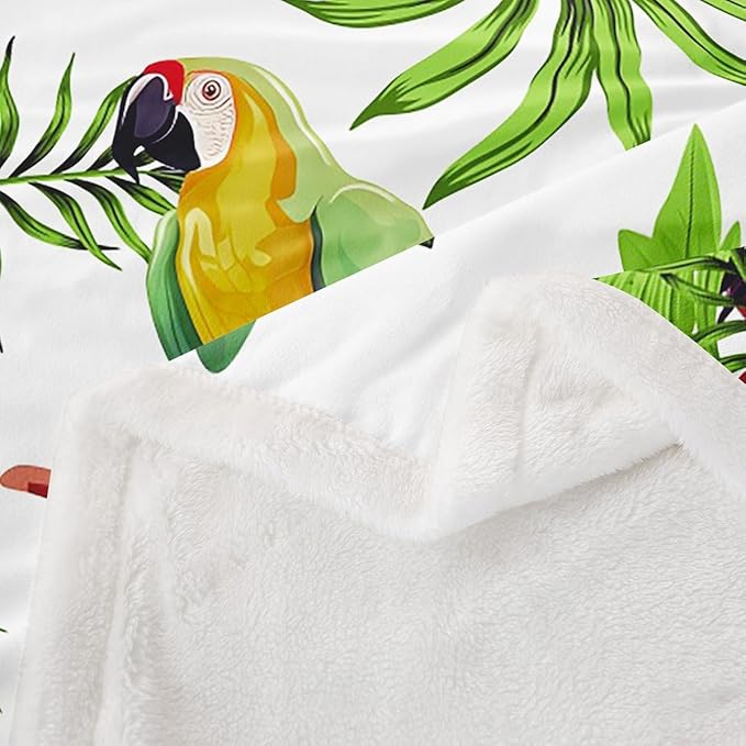 Palm Leaves Plush Throw Blanket for Kids, Boys & Girls - Tropical Exotic Birds & Flowers Sherpa Blanket - Fuzzy, Colorful Room Decor - 50x60 Inch
