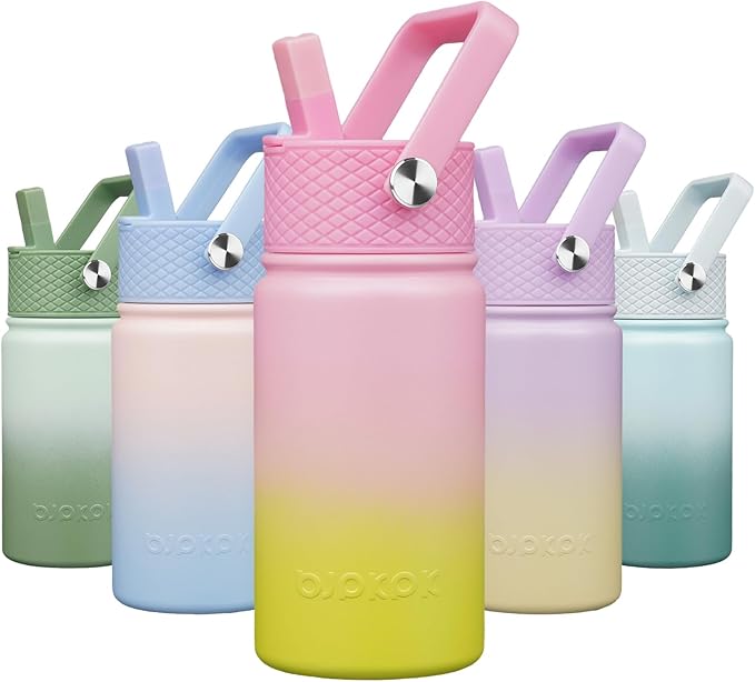 BJPKPK Insulated Water Bottle with Straw Lid, 15oz Cute Water Bottles, Stainless Steel Metal Thermo, Reusable BPA Free Leak Proof Tumblers, Cups,Tulips