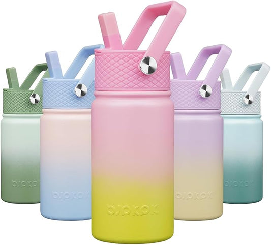 BJPKPK Insulated Water Bottle with Straw Lid, 15oz Cute Water Bottles, Stainless Steel Metal Thermo, Reusable BPA Free Leak Proof Tumblers, Cups,Tulips