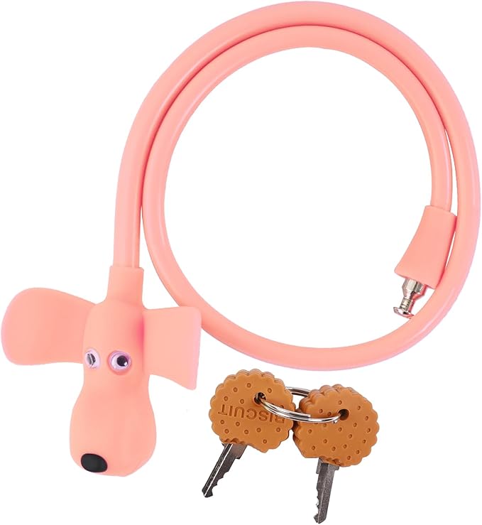 Bike Cable Lock with Keys,Silicone Covered Kids Cable Lock Cartoon Lock,2 Feet Lock for Bike,Door,Skateboard,Helmet and More(Light Pink, Large)