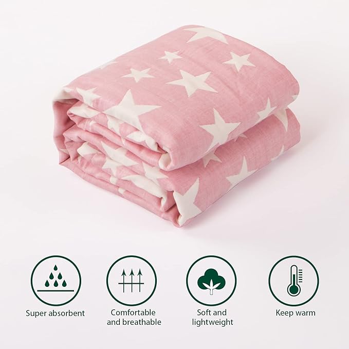 NTBAY 3 Layer Toddler Blanket, Muslin Cotton Jacquard Bed Blankets, Lightweight Thermal Baby Blanket, Super Soft and Warm Crib Blanket for All Seasons, Decoration Gift, 30"x40", Pink Star