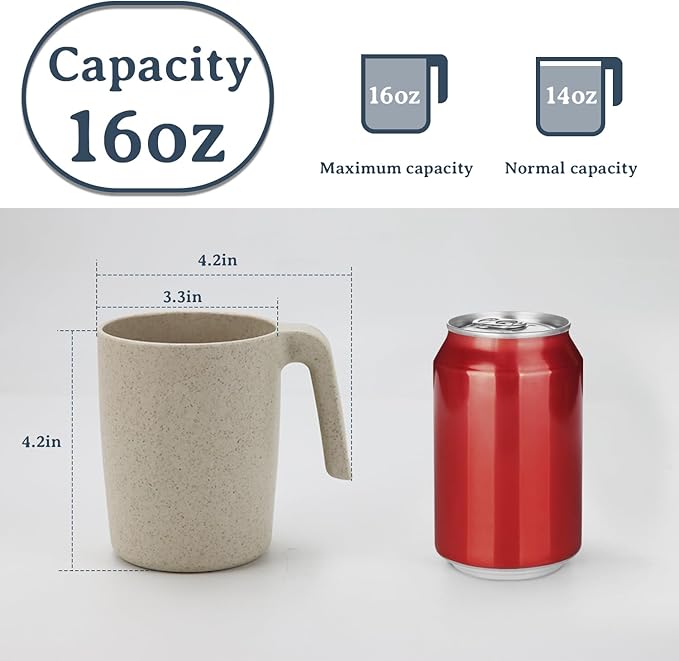 16oz Wheat Straw Cups with handles set of 6-Plastic Cups Reusable-Unbreakable Kids Mugs-Dishwasher Safe & Microwave Safe-Ideal Plastic Mugs for Tea,Coffee,Camping,RV-Vibrant Color