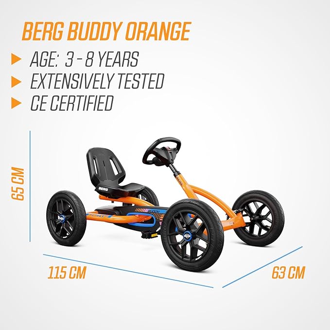 Berg Toys Buddy B-Orange Pedal Go Kart for Kids and Adults – Adjustable Ride On Toy for Ages 4-8 – Go Karts with BFR System, Adults Outdoor Pedal Car for Kids