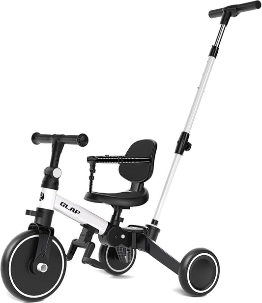 Glaf Tricycle for Toddlers 1-3 Toddler Bike Tricycles with Push Handle 2-4 Years Baby Bike Boys and Girls Balance Bike Birthday Toys with Removable Pedals Adjustable Seat Height and Backrest (White)