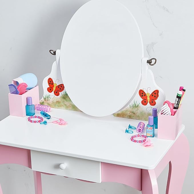 Wooden Vanity Set with 360° Swivel Mirror (Whiteboard & Mirror) & Stool, Kids Makeup Dresser Table with Anti-Tip Design, Storage Drawer for Ages 4-9 Girls, Ideal Gift for Birthday/Christmas