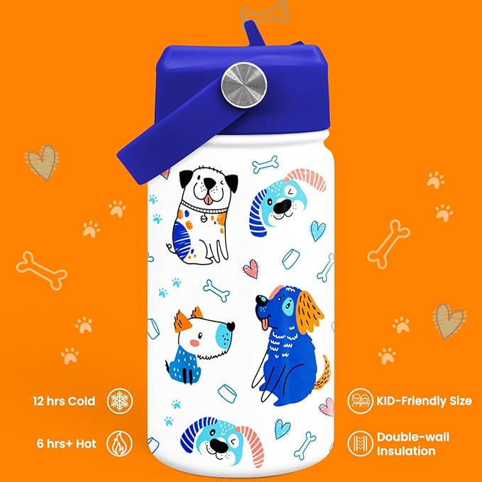 Dog Water Bottle - Kids Water Bottle with Straw Lid - 12 Oz Insulated Stainless Steel Water Bottles for Kid Boys - Travel Cup for School Sports