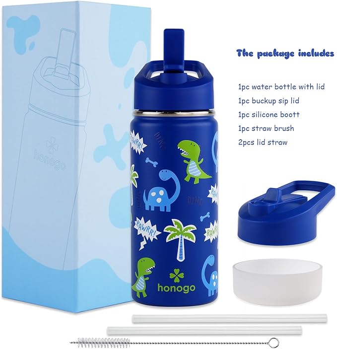 16 oz Stainless Steel Insulated Kids Water Bottle, Leak Proof Metal Thermal Flask with Straw lid, Cute Toddler Tumbler Cup for School Girls & Boys (Blue, Dino)