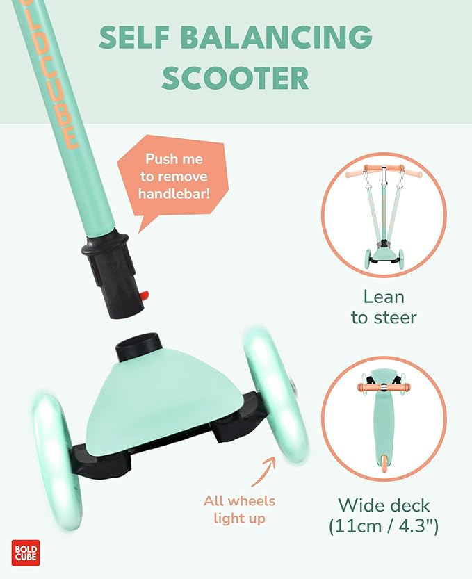 Teeny | 3 Wheel Mint Scooter for Kids & Toddlers Ages 3-6 Years | Flashing Wheels | Height Adjustable 53 to 70 cm | My First Scooter