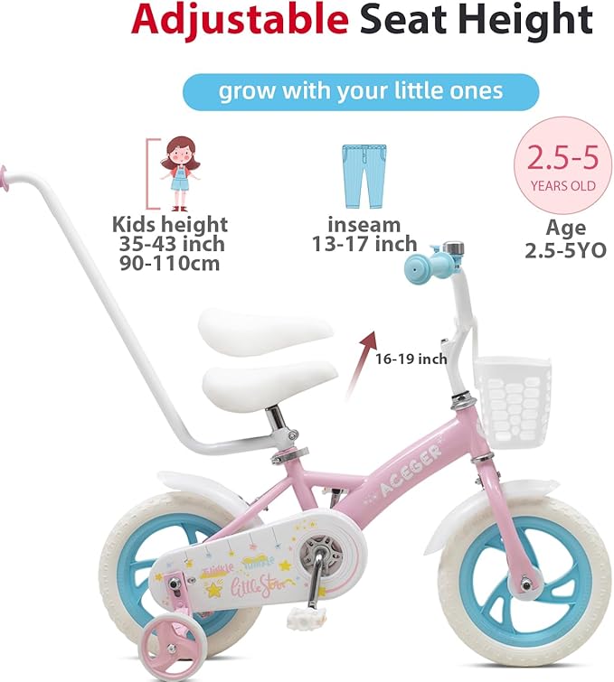 ACEGER 12" Kids Balance Bike with Basket, Toddler Bicycle for Early Learning Leg Strength and Steady Balancing, Durable Frame&Tool-Free Adjustable Seat, Gift Bike for 2-5 Kids, No Brake