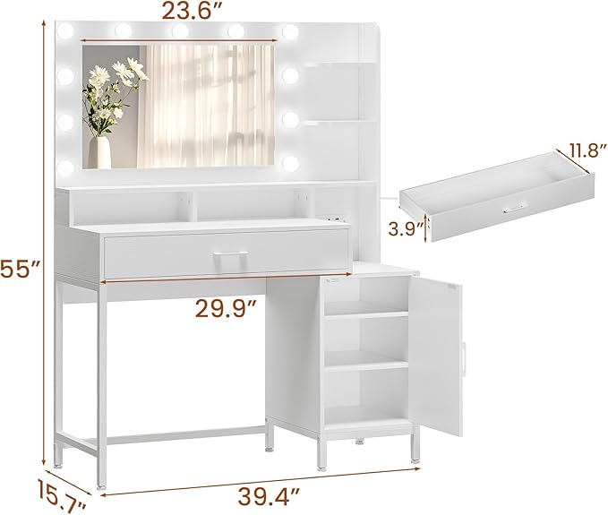 Vanity Desk with Mirror and Lights, Makeup Vanity with Storage Drawer, Power Outlet and Large Cabinet for Bedroom - White