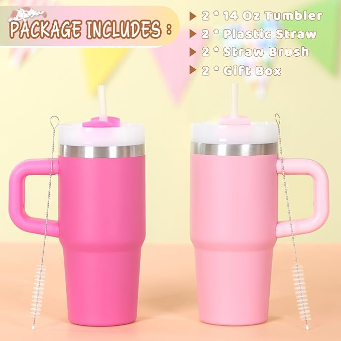 Cosictic 14 Oz Tumbler with Handle and Straw for Kids, Stainless Steel Double Wall Vacuum Insulated Cup for Children, 2 Pack 14 Oz Cups for Kids (Pink and Hot Pink)