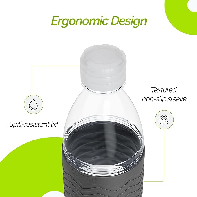 Copco Hydra Water Bottle with Spill-Resistant Lid, 16.9 oz (Set of 2) - Reusable Tritan Non-Slip Sleeve, Twist-Open Body - BPA-Free, Leak-Proof, Durable & Portable for Gym, Office, School (Gray)