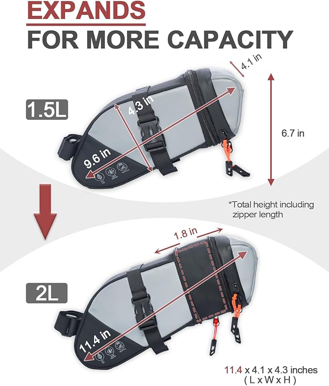 Bike Seat Bag, Water-resistant Bicycle Saddle Bag, Expandable Capacity Cycling Under Seat Pouch 1.5-2L, Bike Seat Pack for Mountain Road Bikes and Commuter