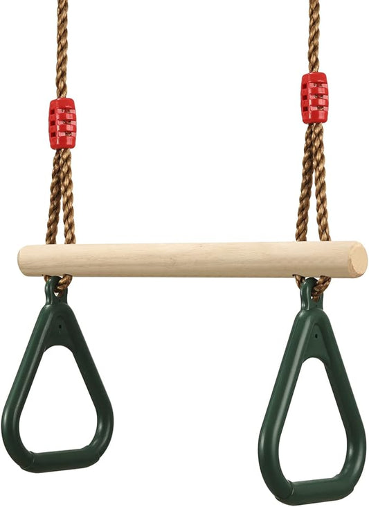 PELLOR Playground Children's Wooden Trapeze Swing Bar with Plastic Gym Rings Swing Set for Indoor & Outdoor Fun