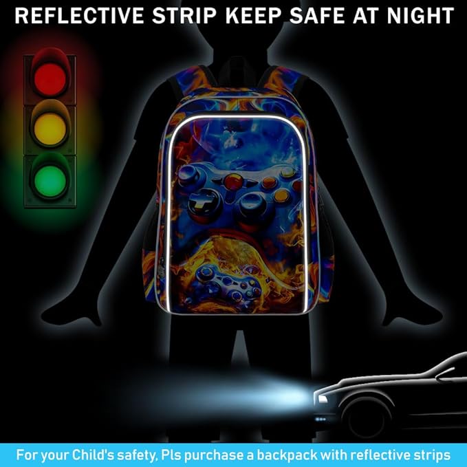 17" Gamer Backpack for Boy, 3Pcs Fire Bookbag for Elementary Preschool Kindergarten, Kids School Backpacks with Lunch Box (Red)