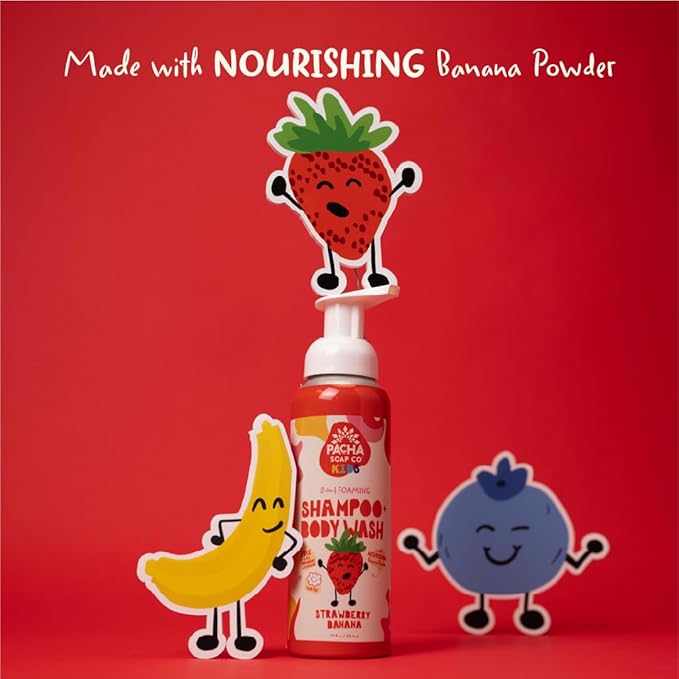 Pacha Soap Co. Kids Foaming Shampoo & Body Wash, Strawberry Banana - Tear-Free, Plant-Based, Vegan, Nourishing, Moisturizing, Vitamin-Rich, Non-Toxic 2-in-1 Cleanser, Recyclable, Made in USA, 2-Pack