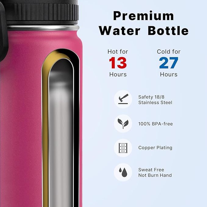 Koodee Small 12 oz Stainless Steel Vacuum Insulated Wide Mouth Water Flask with Leakproof Spout Lid, Reusable BPA Free Bottle (Rose Red)