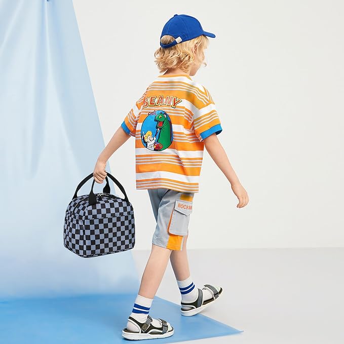 Lunch Box Kids Insulated Lunch Bag Large Reusable Leakproof Cooler Lunch Bags for Boys Girls School Travel Picnic (Gray Check)