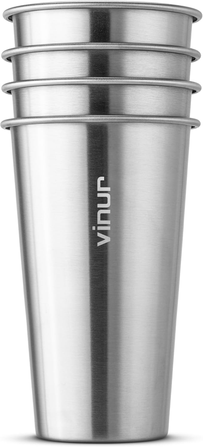 VINUR 4 Pack Stainless Steel Cups 20 oz Pint Tumbler Stackable Metal Drinking Glasses for Travel, Camping, Outdoors (Silver)
