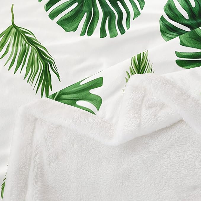 Tropical Leaves Fleece Throw Blanket for Kids Girls Boys Palm Leaf Pattern Plush Blanket Decorative Botanical Plant Sherpa Blanket Green Leaf Branches Fuzzy Blanket for Sofa Bed Couch,Queen 90x90 Inch
