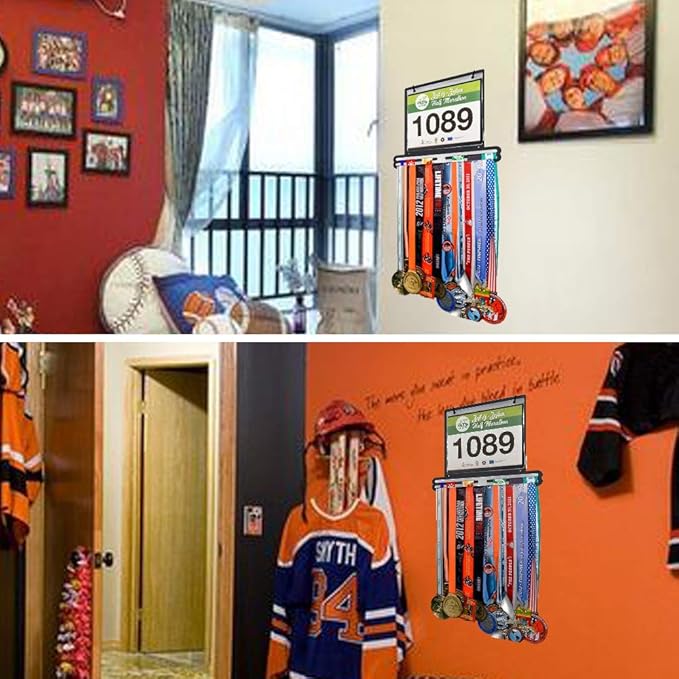 Jolitac Sports Medal Awards Display Rack Wall Mounted Marathon Medals Hanger Holder for 60+ Medals 100 Runner Race Bibs 20 Bibs Flip Vinyl Sleeves