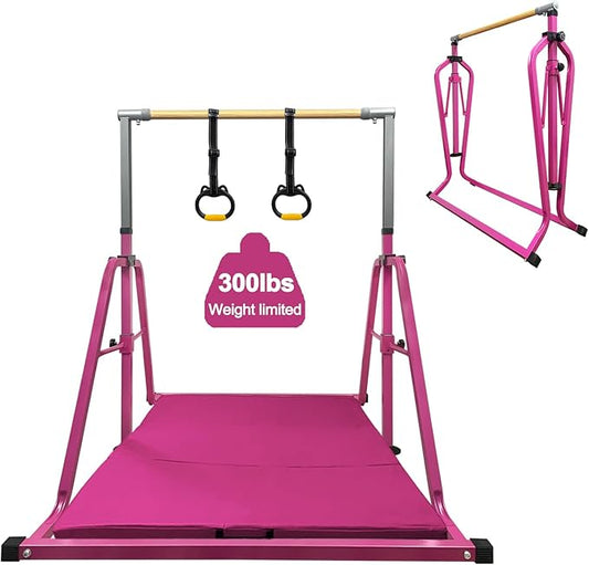 Foldable Gymnastics Kip Bar,Horizontal Bar for Kids,No Wobble Gym Equipment for Home Indoor,3' to 5' Adjustable Height,Gymnasts 1-4 Levels,300 lbs Weight Capacity