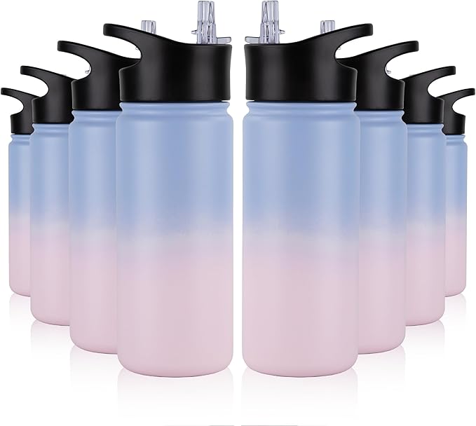 16 oz Insulated Water Bottle Bulk 8 Pack, Straw & Spout Lid, Keep Cold 24H, Spill Proof, BPA-Free, Double Wall, Stainless Steel Kids Water Bottles for School, Sports, Pink Blue Gradient