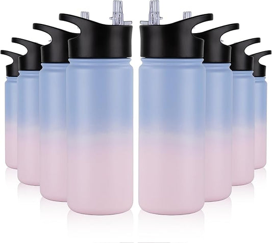 16 oz Insulated Water Bottle Bulk 8 Pack, Straw & Spout Lid, Keep Cold 24H, Spill Proof, BPA-Free, Double Wall, Stainless Steel Kids Water Bottles for School, Sports, Pink Blue Gradient