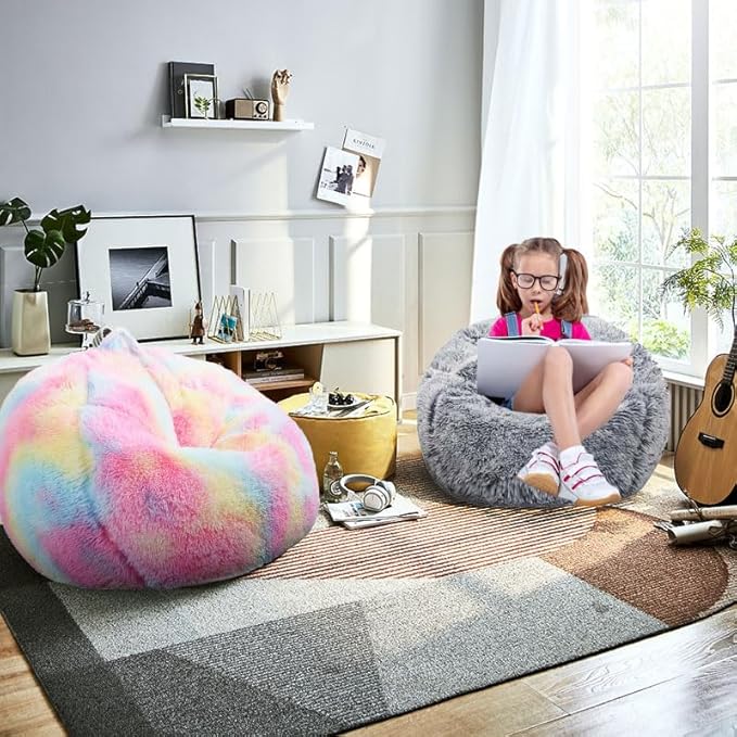 Fluffy Bean Bag Chair, 3FT Round Memory Foam Filled Bean Bag for Teens & Kids, Ultra Soft Faux Fur Fabric Bean Bag Chairs for Playroom, Living Room, Bedroom, Gray