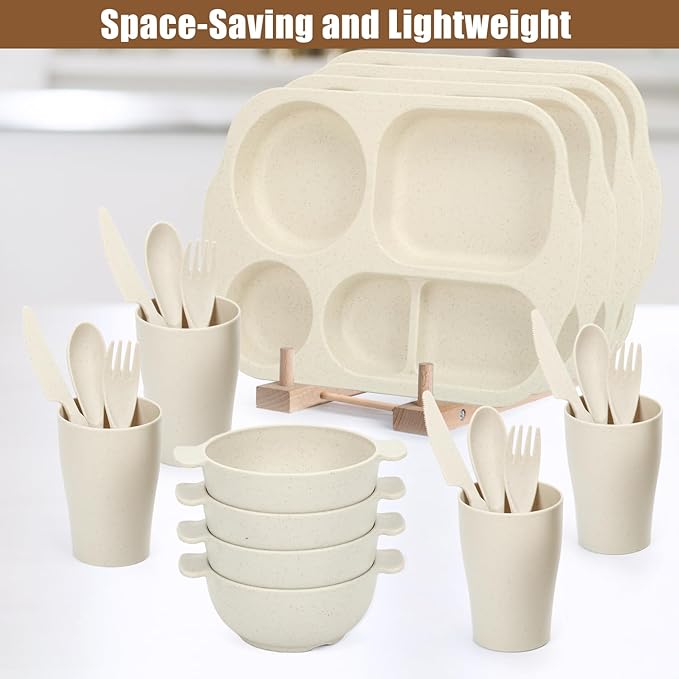 24 PCS Wheat Straw Dinnerware Set for Kids Toddler Plate Bowl Cup Set Unbreakable BPA-Free Tableware with Divided Plate Microwave Dishwasher Safe Perfect for Home School Picnics