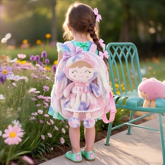 Gloveleya Back to School Gifts for Girls Backpack Plush Diaper Bag Detachabale Doll Tie-dye Purple and Soft Rabbit Design Aged 2+
