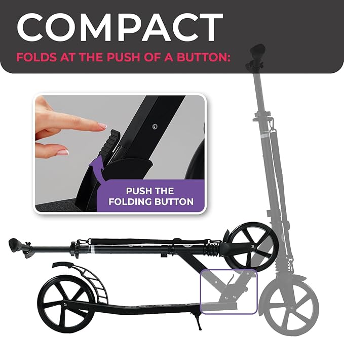 LaScoota Kick Scooter for Kids Ages 6+, Teens & Adults, Large 8" Sturdy Urethane Wheels. Adjustable Handlebar, Lightweight, Foldable, 220lbs Max Load