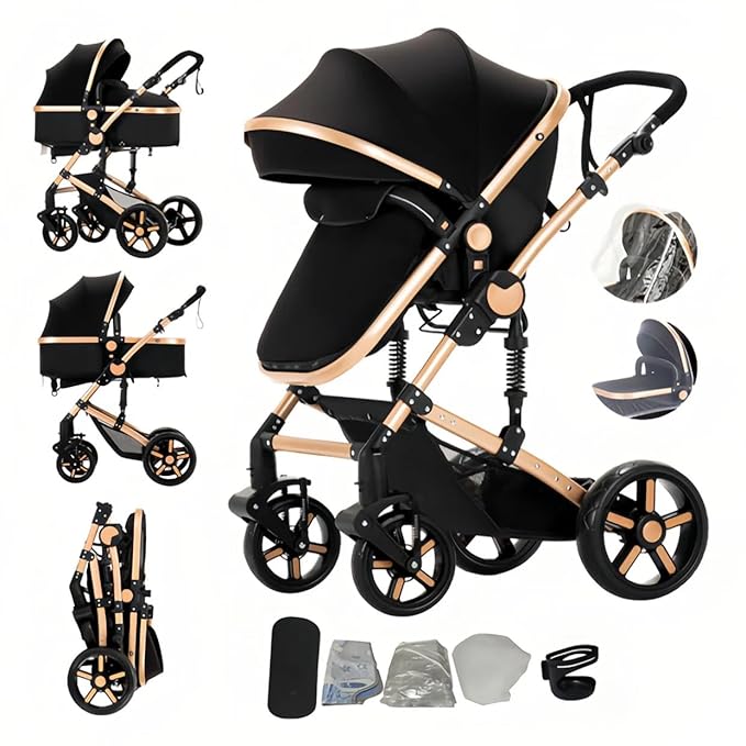 2 in 1 Baby Stroller with Bassinet Mode, Reversible Infant Pram, One-Click Folding, Newborn Travel Stroller, Convertible Toddler Standard Pram Carriage (2US588-BG)