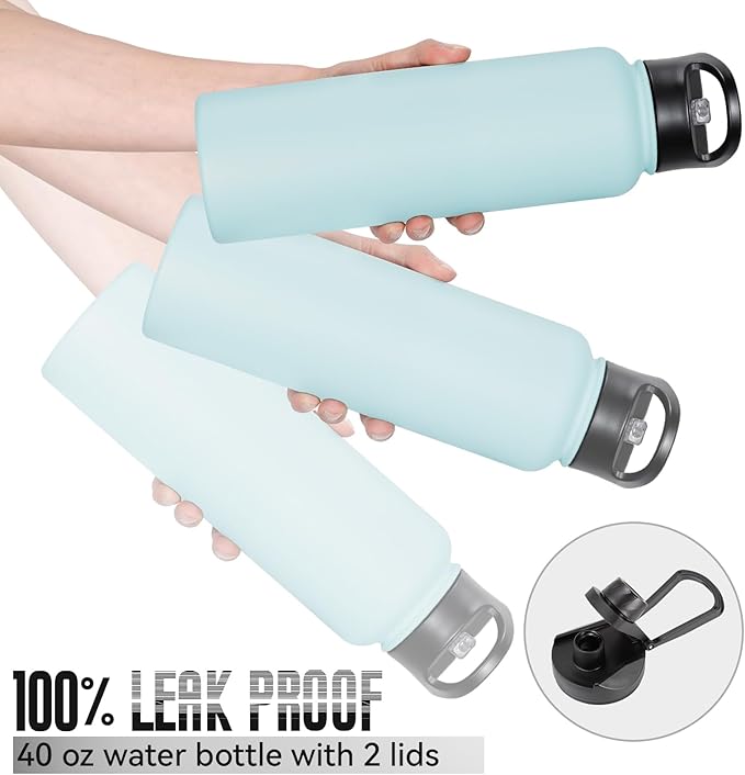 40 oz Insulated Water Bottle with Straw, Stainless Steel Sports Water Bottles with 2 Lids (Straw and Wide Mouth lid), Double Wall Vacuum, Leakproof, BPA-Free, Turquoise Blue