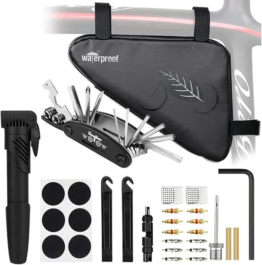 WOTOW Bike Tire Repair Tool Kit, Waterproof Frame Storage Bag & Mini Bike Pump & 16 in 1 Multitool & Bicycle Tyre Lever Patch Portable Repair Tool Accessories Set for Road Mountain BMX Cycling