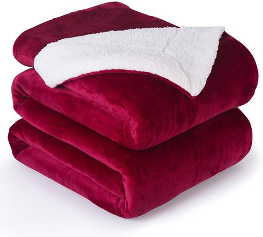 NANPIPER Bed Blanket Reversible Sherpa Flannel Blanket Super Soft Fuzzy Plush Fleece Microfiber (90"x90" Wine Red) Queen