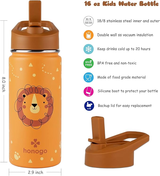 16 oz Stainless Steel Insulated Kids Water Bottle, Leak Proof Metal Thermal Flask with Straw lid, Cute Toddler Tumbler Cup for School Girls & Boys (Lion, Orange)