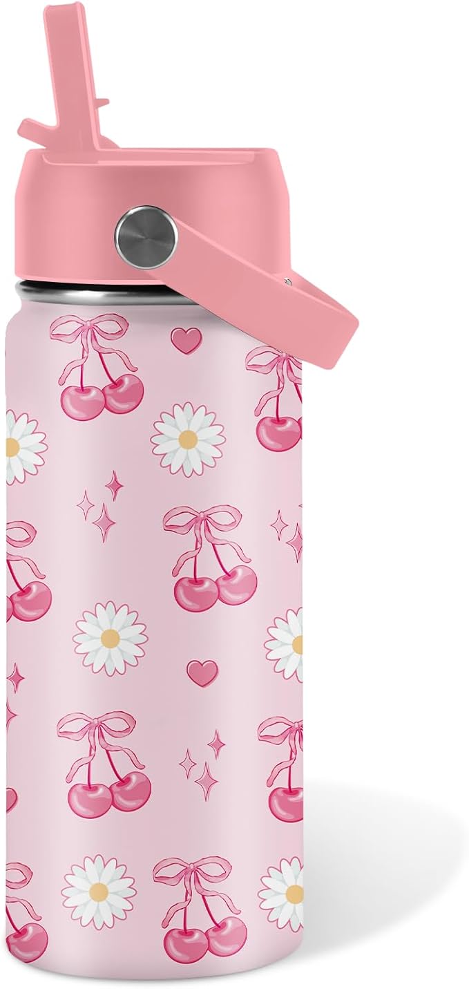Cherry Gifts for Kids - 16oz Pink Kids Water Bottle with Straw Lid, Stainless Steel Insulated Tumbler, Leakproof, BPA-Free, for Girls, School, Travel - Cherry Lovers Children Birthday Gift Cup (1pc)