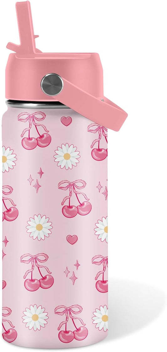 Cherry Gifts for Kids - 16oz Pink Kids Water Bottle with Straw Lid, Stainless Steel Insulated Tumbler, Leakproof, BPA-Free, for Girls, School, Travel - Cherry Lovers Children Birthday Gift Cup (1pc)