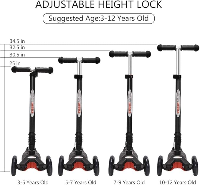 ChromeWheels Foldable Scooters for Kids, Deluxe Kick Scooter 4 Adjustable Height 132lbs Weight Limit 3 Wheel, Lean to Steer LED Light Up Wheels, Best Gifts for Girls Boys Age 3-12 Year Old