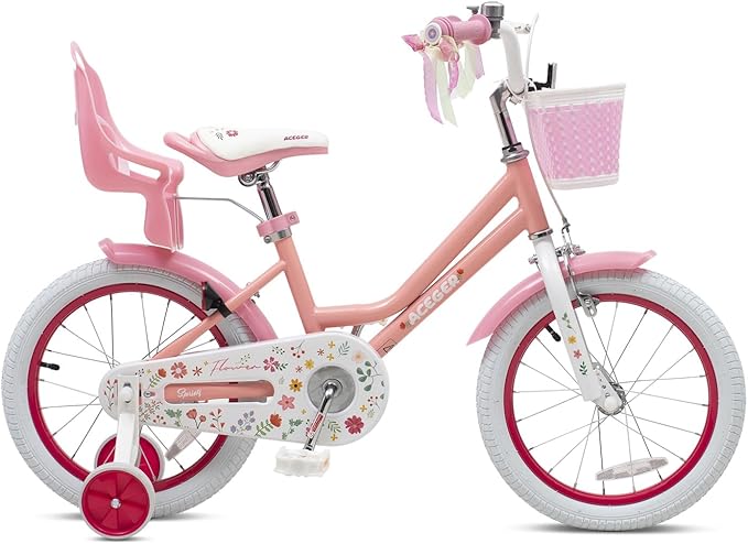 ACEGER Girls Bike with Basket for Ages 2-12 Years Old Kids, 12 14 16 18 Inch with Training Wheels，Princess Style with Streamers, Handbrake & Coaster Brake,Multiple Colors.