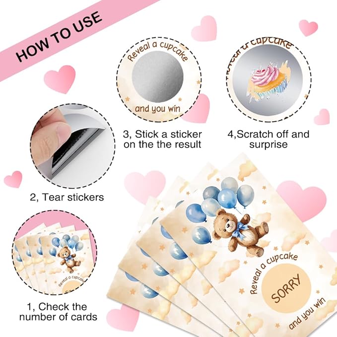 50 Pcs Bear Birthday Scratch off Game Cards, Ideal for Babies Shower Birthday Party Lottery Game Group Games Family Activity, Baby Shower Activity and Idea, Baby Shower Party Supplies