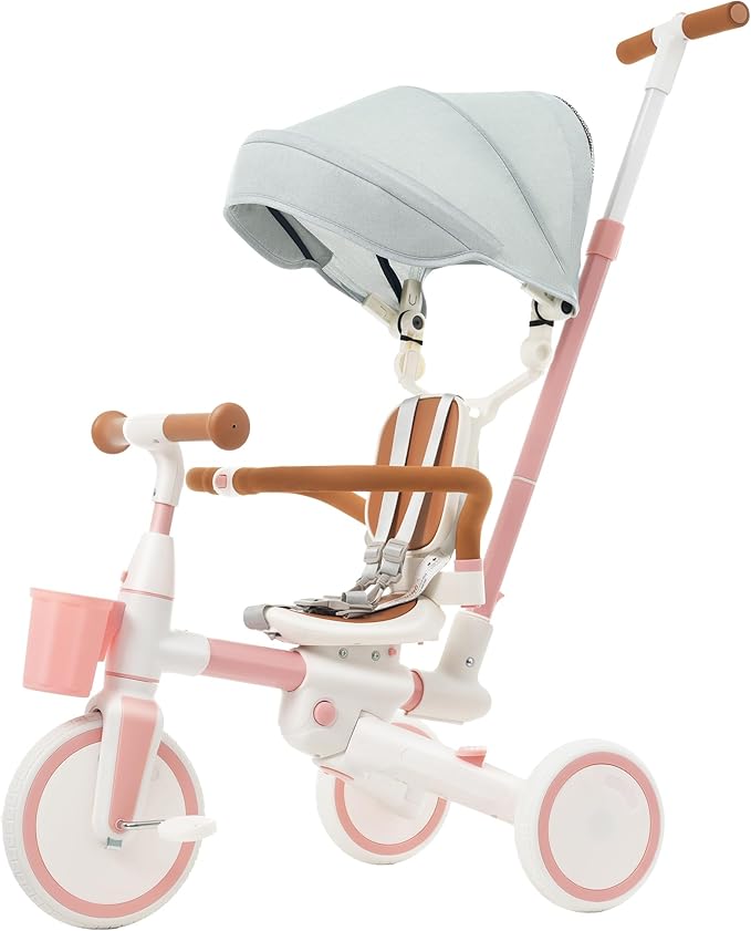 Foldable Kids Tricycle with Adjustable Pedals, Removable Canopy Cup Holder Safe, Portable Toddler Bike